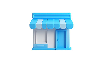 3D render of a small shop front with a striped awning, isolated on black