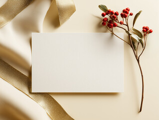 minimalist greeting card mock up with simple red and green ribbon accent