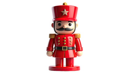 A glossy, cartoonish nutcracker soldier stands at attention, red uniform, gold accents