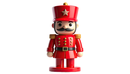 A glossy, cartoonish nutcracker soldier stands at attention, red uniform, gold accents