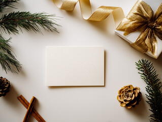 elegant greeting card mock up surrounded by subtle Christmas decor pine needles, cinnamon sticks, and gold ribbon