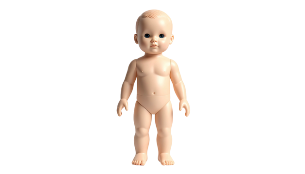A plastic doll of a baby with a neutral expression, isolated on black