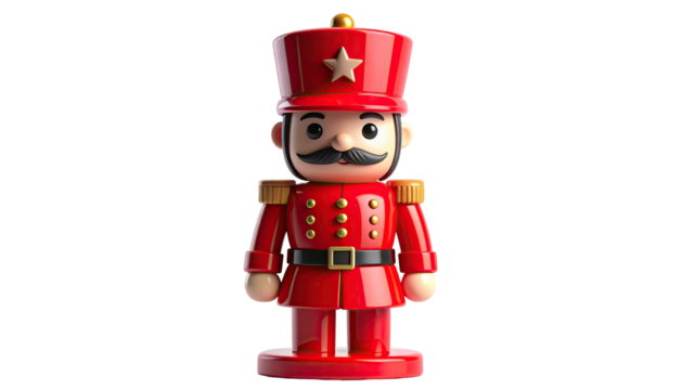 A glossy, cartoonish nutcracker soldier stands at attention, red uniform, gold accents