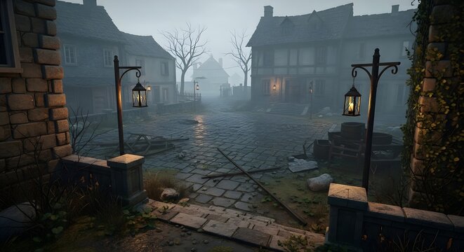 Step into a misty medieval village street scene, a quiet historical setting with cobblestone paths and glowing lanterns that evoke a sense of mystery and history - Powered by Adobe