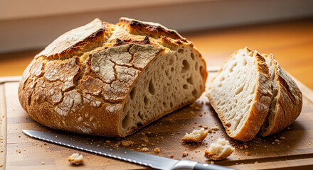 Rustic loaf of sourdough bread with a slice cut off, displayed on a wooden board with a knife, showcasing its texture and golden crust
