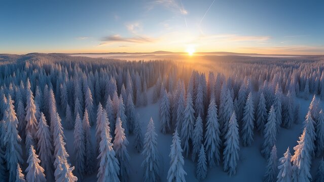Aerial View Snow Covered Pine Forest Sunrise Winter Landscape