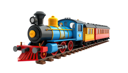 Colorful cartoon train on tracks, angled view, isolated against a black background
