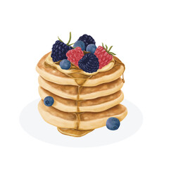 Pancake illustration. Breakfast food, stack of pancakes containing blueberries isolated on white background.