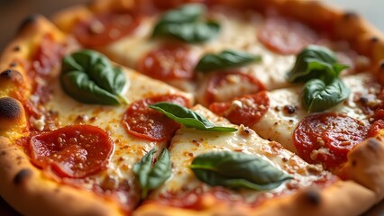 Delicious Pepperoni Pizza with Melted Cheese and Basil