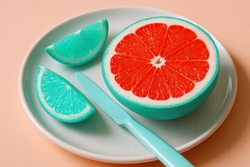 Turquoise citrus and red grapefruit slices form a vibrant, modern composition with a matching knife, creating an artistic and refreshing delight