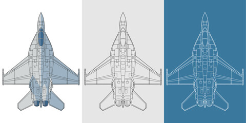 Set f 18 military aircraft design in blueprint, lineart and colored style from top view. Vector illustrations colorful fighter jet. United states fourth generation warplane.