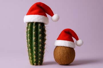 Vibrant cactus and tropical coconut sport festive Santa hats, creating a humorous, unexpected holiday celebration on a soft purple background