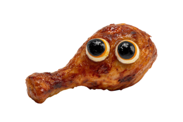 A roasted chicken drumstick is humorously brought to life with two googly eyes, creating a whimsical food character on a transparent background. background removed