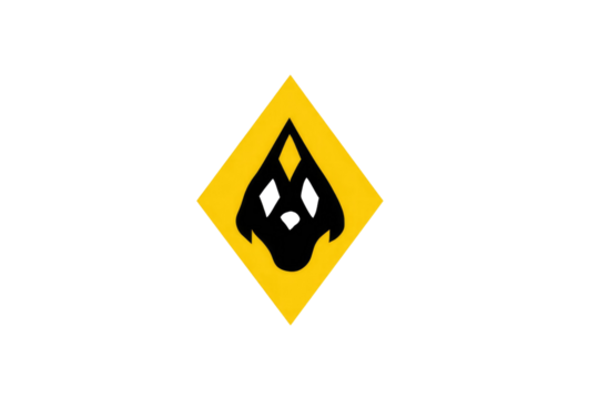 Abstract black symbol, reminiscent of a tribal mask or skull, encased in a yellow diamond, against a dark transparent background. background removed