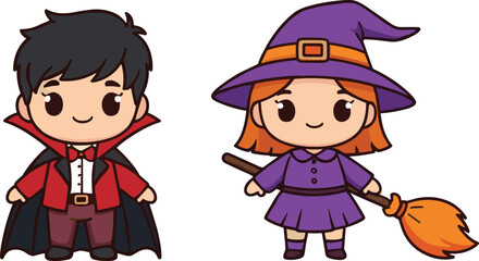 Cartoon children in vampire and witch costumes, festive Halloween vector illustration for spooky celebration, dress-up party, and seasonal fun themes