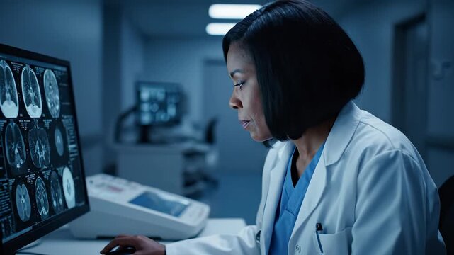 A doctor in a lab coat analyzes brain scans on the computer, with the doctor focusing intently. The doctor and computer are in a clinical setting, reviewing medical images carefull