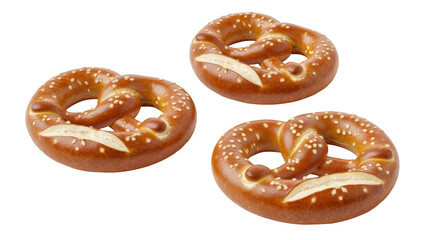Isolated group of tasty soft pretzels with sesame seeds on a bright neutral backdrop