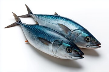 Obraz premium Two fresh mackerel fish on white background with glimmering scales and detailed texture