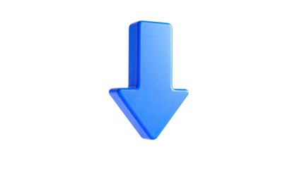 A bright blue, 3D rendered arrow pointing downwards on a stark black background