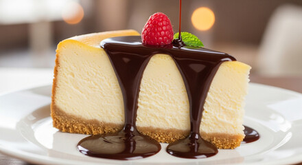 A slice of cheesecake with chocolate sauce, garnished with a raspberry and mint, showcasing its creamy texture and rich flavors, perfect for dessert menus