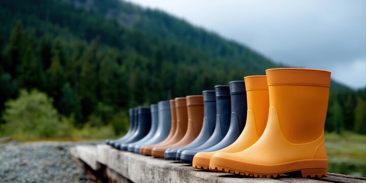 Colorful rubber boots lined up on wooden boardwalk in forested mountain scenery