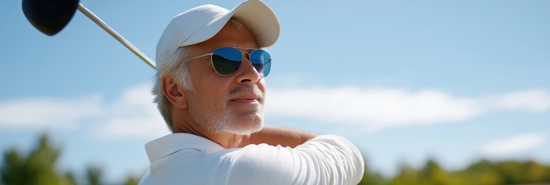 Mature caucasian male golfer wearing sunglasses swinging club on sunny day
