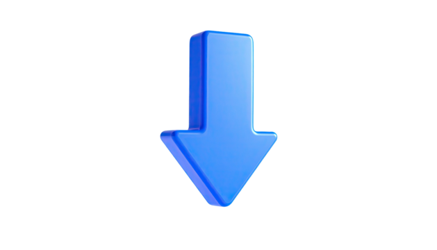 A bright blue, 3D rendered arrow pointing downwards on a stark black background