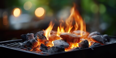 Charcoal grill fire with glowing coals and flames in outdoor setting
