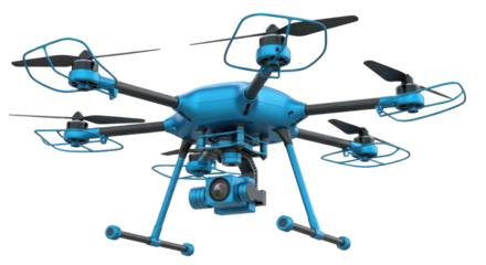 Isolated blue quadcopter drone with camera and propeller guards for aerial photography