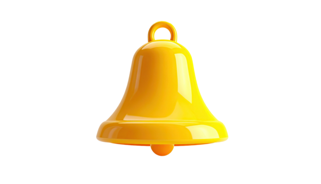 Shiny, yellow bell icon with a curved top, loop handle, and slight shadow