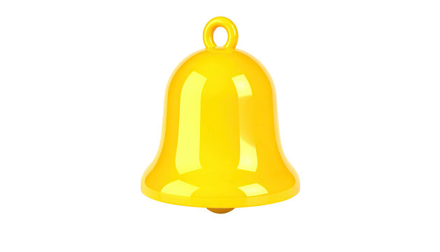 A vibrant, glossy, yellow bell with a loop for hanging on a stark black backdrop