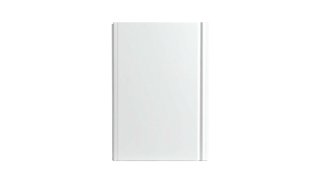 A vertical, closed, white rectangular notepad or book on a stark black background