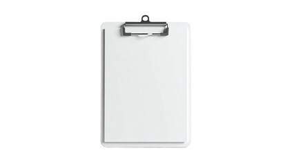 A clean, white clipboard with a silver clip, isolated on a black background