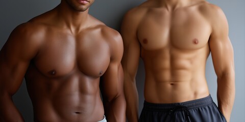 Fit young adult males with toned muscular bodies standing side by side