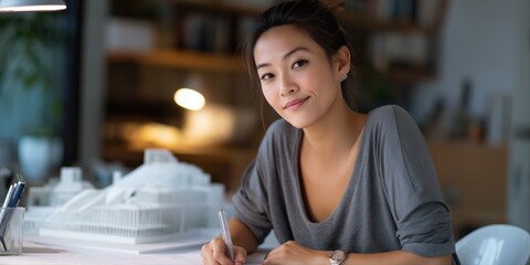 Young asian female architect working on building models in modern office