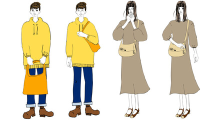 線画 正面を向いている女性セット2 Flat Line Drawing People Series:Front-facing woman set2