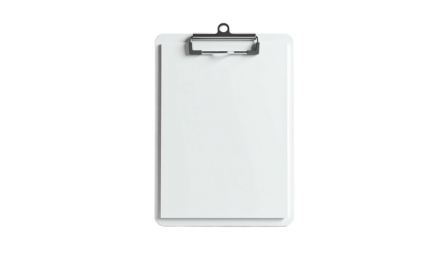 A clean, white clipboard with a silver clip, isolated on a black background