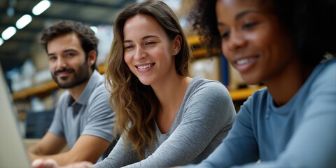 Fototapeta premium Diverse team collaboration: young caucasian female and african female working in warehouse