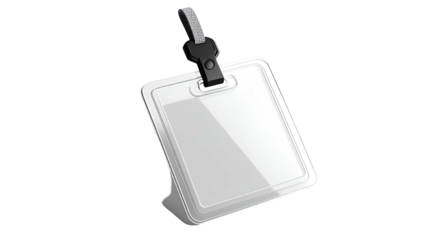 Transparent ID badge with a black lanyard and clip against a solid background