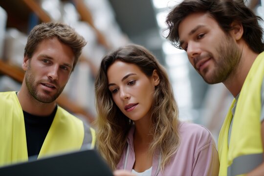 Team collaboration in warehouse: young caucasian adults reviewing plans