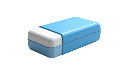 A blue and white rectangular school eraser with rounded edges against black