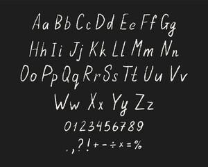 Handwritten crayon font with uppercase, lowercase, numbers, and punctuation. Playful pencil-style alphabet for posters, crafts, and creative designs. Vector illustration