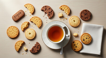 A topdown view of various cookies and a cup of tea on a light surface, creating an inviting and cozy scene for a relaxing tea break