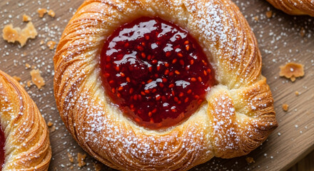 Closeup of a delectable raspberry danish pastry on a wooden board, sprinkled with powdered sugar, highlighting its golden crust and luscious filling