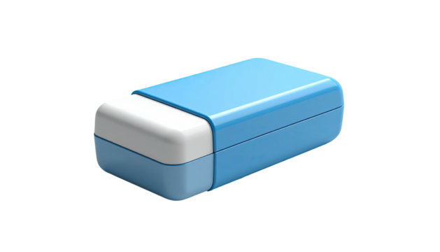 A blue and white rectangular school eraser with rounded edges against black
