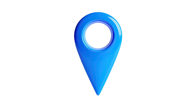 A glossy, 3D blue location marker, rendered against a stark black background