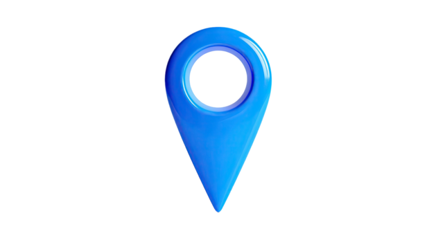A glossy, 3D blue location marker, rendered against a stark black background