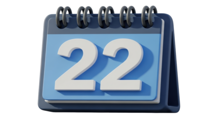 Isolated calendar flip page for date twenty two, appointment reminders and planning