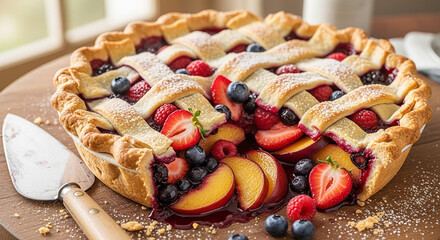 Delicious mixed berry pie with lattice crust, filled with strawberries, blueberries, raspberries, peaches, and cherries, served on a wooden board with a pie server