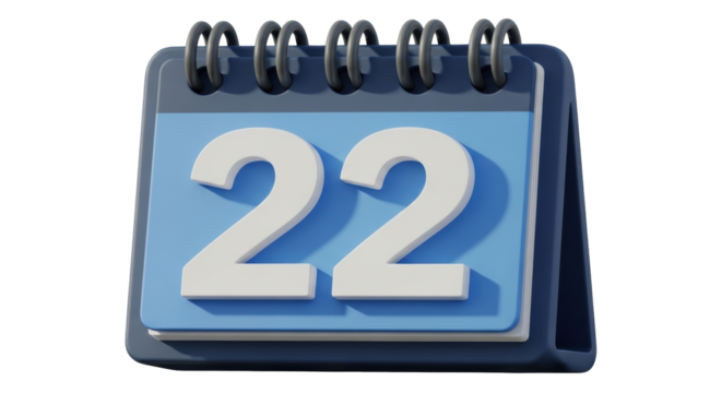 Isolated calendar flip page for date twenty two, appointment reminders and planning